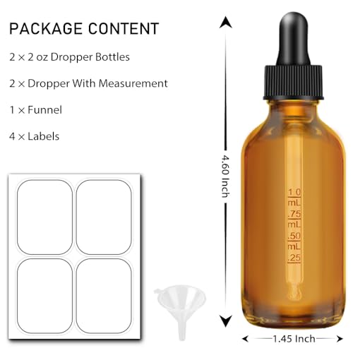 Bumobum Dropper Bottle 2 oz, 2 pack Amber Glass Eye Dropper Bottles with Labels and Funnel, Tincture Bottle with Measured Dropper - Leakproof Essential Oils Bottles for Health, Personal Care & Beauty - color: Amber