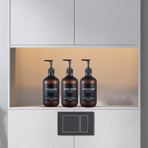 Refillable Matte Amber Plastic Shampoo and Conditioner Bottles (5 Pack, 16.9oz), with Pumps and Labels - color: Matte Amber