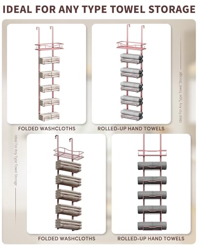 Hanging Towel Racks for Bathroom No Drill - 6-Tier Over The Door Bath Towel Storage Organizer for Small Bathrooms - Tiered Back of Door Towel Holder Hanger for Rolled Towels RV Camper Rose Gold - color: Rose Gold, size: 6 tier