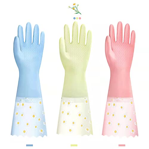 KAQ Dishwashing Gloves - 3 Pairs Reusable Non-Slip Rubber Kitchen Gardening Household Gloves - color: Small