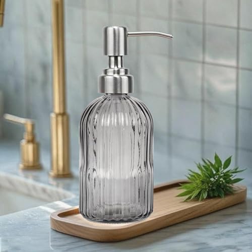 14Oz Gray Soap Dispenser Bathroom, Clear Glass Hand Soap Dispensers with Stainless Steel Pump, Refillable Dish Soap Dispenser for Kitchen, Countertop Soap Dispensers - color: Gray