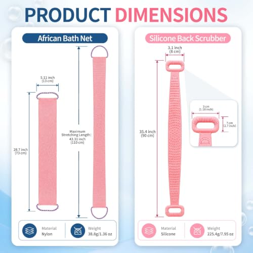 Manmihealth Silicone Back Scrubber for Shower & African Net Sponge Net Set, 36'' Dual-Sided Back Washer & African Long Bath Sponge, Extendable Long Silicone Body Brush (Pink+Pink) - color: Pink+pink