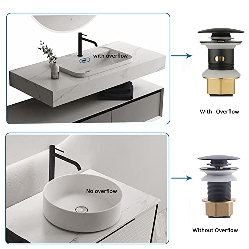 Rockgoya Bathroom Sink Drain,Drain Stopper Bathroom Sink with Overflow,Pop Up Drain Assembly with Detachable Strainer Basket,Built-in Anti-Clogging Strainer,Stainless Steel Mattle Black - color: Mattle Black, style: With Overflow