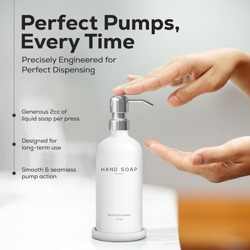 White Glass Hand Soap Dispenser Bathroom Set by Brighter Barns - Bathroom Soap Dispenser Set with Ceramic Tray - Refillable Glass Bottle Pump - Modern Home Decor for Airbnb, Hotel, Restaurants (White) - color: Silver H