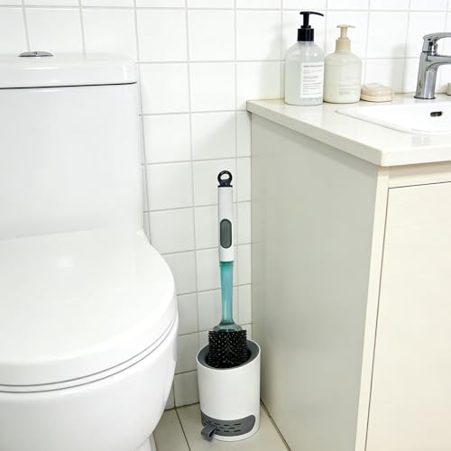 Silicone Toilet Brush and Holder Set with Cleaner Dispenser, Grey | Dispenser handle, silicone bristles, ventilated holder; for RV, apartment, and bathroom use