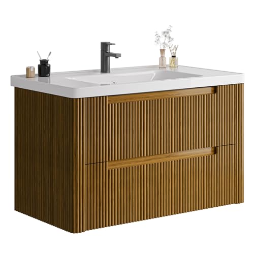 ONBRILL Modern Bathroom Vanity with Sink Combo, Curved Floating Bath Vanity with 2 Drawer, Wall Mount Bathroom Vanities with Integrated Ceramic Sink for Small Space, Apartment (Walnut, 24") - color: Walnut, size: 24"