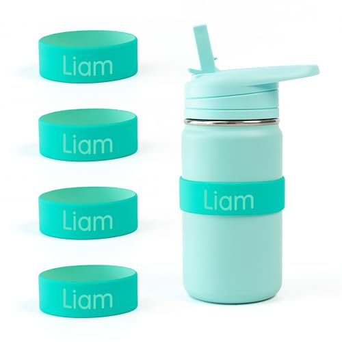 Mabel’s Labels Personalized Two-Tone Engraved Silicone Name Bands – Reusable Dishwasher-Safe Name Bands for Water Bottles, Sippy Cups & Drinkware (Teal & Light Green, 4 Pack) - color: Teal, size: 4 Count (Pack of 1)