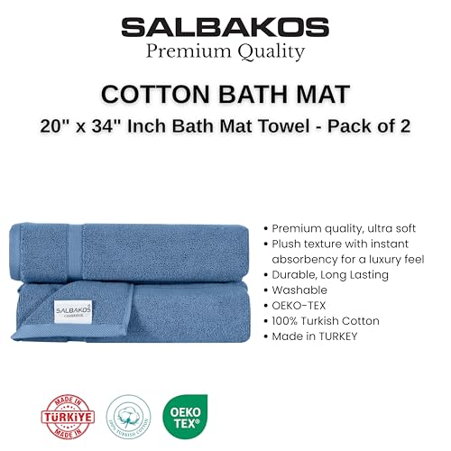 SALBAKOS 100% Turkish Cotton Bath Mat Set 2-Piece - 20x34 inch, Hotel & Spa Collection, Soft, Absorbent, Long Lasting, Durable Bathroom Rugs | Made in Turkey (Blue, 2 Bath Mats) - color: Blue, size: 2 Bath Mats