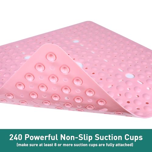 Large Square Shower Mat 27 x 27 Inch Pink, Non Slip Shower Bathtub Mats for Inside Shower with Big Suction Cups Drain Holes, Anti Slip Bathroom Floor Shower Stall Mats, Easy Clean, BPA-Free - color: Pink