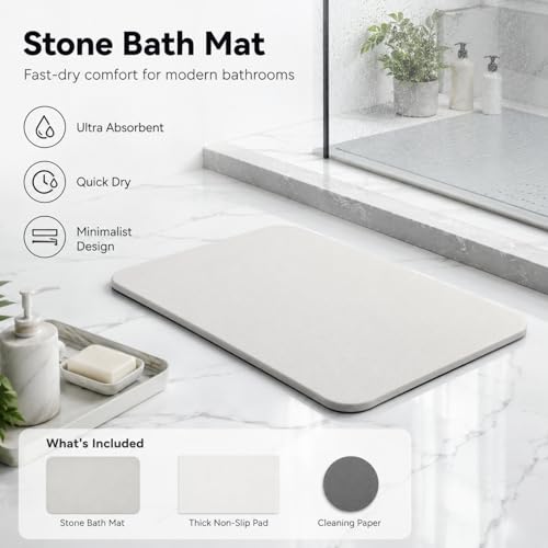 Stone Bath Mat Quick Dry, Diatomaceous Earth Bath Mat Non Slip Absorbent Floor Mat, Diatomite Stone Drying Mat for Bathroom Comes with Non-slip Pad and Sandpaper (Off-White, 24" x 15.5" x 0.4") - color: Off-white