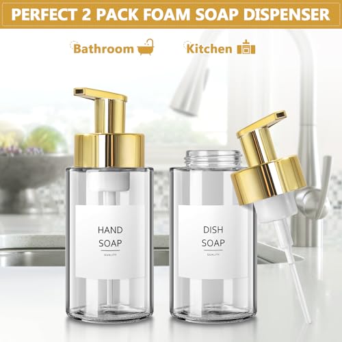 RYTOXILO Foaming Soap Dispenser, 10 oz/300ml Gold Soap Dispenser, 2 Pack Glass Foaming Hand Dispenser for Bathroom & Kitchen, Clear Refillable Foam Bottle with Waterproof Labels - color: Clear Bottle, size: 10 Fl oz with Gold Pump