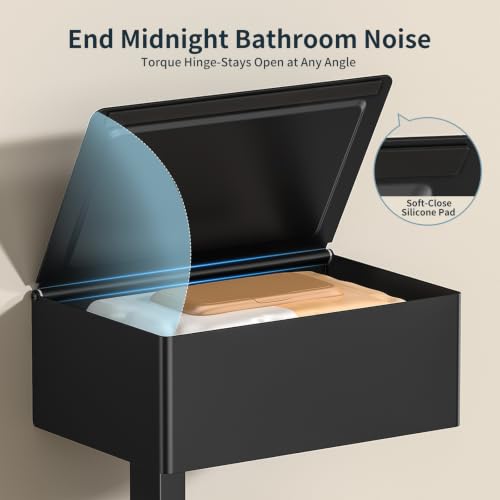 FORIOUS Toilet Paper Holder with Shelf, Sanitary Napkin Receptacle Tampon Holder, Wall Mount Toilet Paper Holder with Storage, Flushable Wipes Dispenser Fits for Bathroom Commercial(Black, 6.5 L) | The smaller, lighter box is not suitable for large wipes.