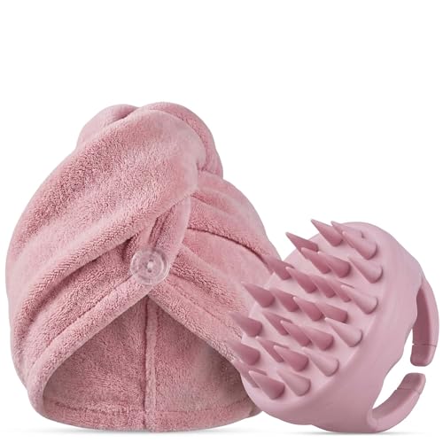 chérie Microfiber Hair Towel Wrap & Silicone Scalp Massager Brush Set - Ultra Absorbent Fast Drying Hair Towel - Anti Frizz Wet Hair Wrap & Soft Silicone Scalp Scrubber for All Hair Types - (Pink)