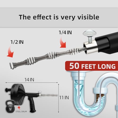 Drain Snake Auger, 50 Feet Flexible Plumbing Snake with 1/4" Drill Adapter, Manual or Drill Powered Drain Cleaner for Kitchen Sink, Bathroom & Shower Drains, Includes Gloves Storage Bag, Black - color: Black-50FT