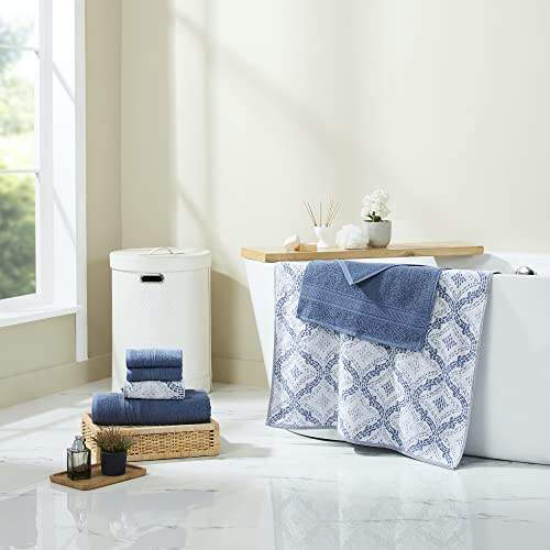Modern Threads Capri 6-Piece Reversible Yarn Dyed Jacquard Towel Set - Bath Towels, Hand Towels, & Washcloths - Super Absorbent & Quick Dry - 100% Combed Cotton, Denim - color: Denim, style: Soft Geometric