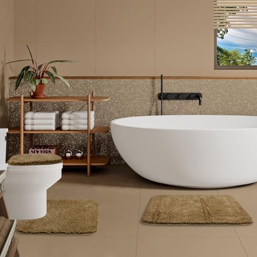 Bathroom Rugs Sets 3 Piece with Adjustable Toilet Seat Cover 17.5"x 15" Machine Washable Bath Rug Set with TPR Non Slip Rubber Backing Solid Bath Mat Set for Luxury Bathroom Decoration - color: Taupe