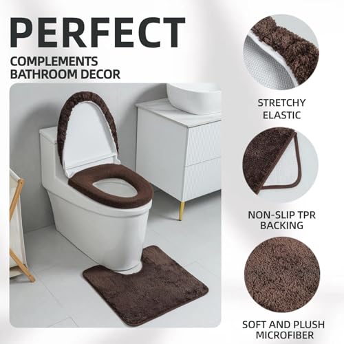 3piece Toilet Seat Cover Set - Toilet Seat Cover +Toilet Lid Cover + toilet rugs u shaped washable, Fits Most Elongated Round and Oblong Toilet,(Machine Washable,Quick-Dry) coffee - color: coffee