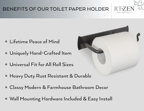 RTZEN Bathroom Toilet Paper Holder - Handcrafted Rustic Wrought Iron Wall Decor Toilet Roll Holder - Black Matte Wall Mount Bar for Modern Farmhouse Bathroom Decor - style: High End