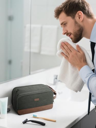 WANDF Toiletry Bag for Men Travel Toiletry Organizer Canvas and Leather Dopp Kit Water-Resistant Shaving Bag for Travel Accessories (Green, Large) - color: L, Green, size: Large