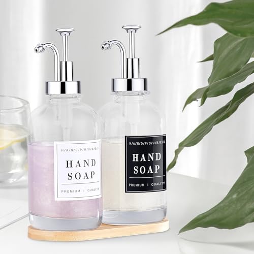 Dish and Hand Soap Dispenser for Kitchen, Glass Soap Dispenser with Pump,Tray,Funnel, Set of 2 Countertop Soap and Lotion Dispenser for Bathroom,Shower,500ml/16.9oz, - color: Ks-5010-34y-2s