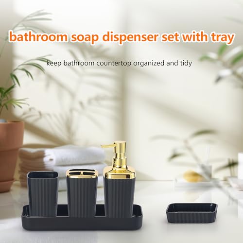 Bathroom Accessory Set,9 Pieces Black Bathroom Accessory Set with Toothbrush Holder, Trash Can, Lotion Soap Dispenser, Toothbrush Cup, Vanity Tray, Soap Dish, Toilet Brush, Qtip Holder - color: Black