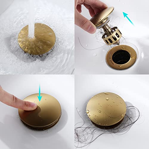 KAIYING Pop Up Drain, Bathroom Sink Drain Stopper with Overflow, Vessel Sink Drain Assembly with Detachable Basket Stopper, Anti-Explosion and Anti-Clogging Drain Strainer (Brushed Brass) - color: Brushed Brass, style: With Overflow