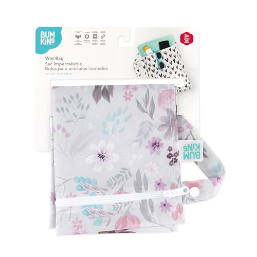 Bumkins Waterproof Wet Bag for Baby, Travel, Swim Suit, Cloth Diapers, Pump Parts, Pool, Beach, Gym Clothes, Toiletry, Hook to Stroller, Daycare, Zipper Reusable Wetdry Packing Pouch, Florals Gray - color: D2 Floral, style: Wet Bag