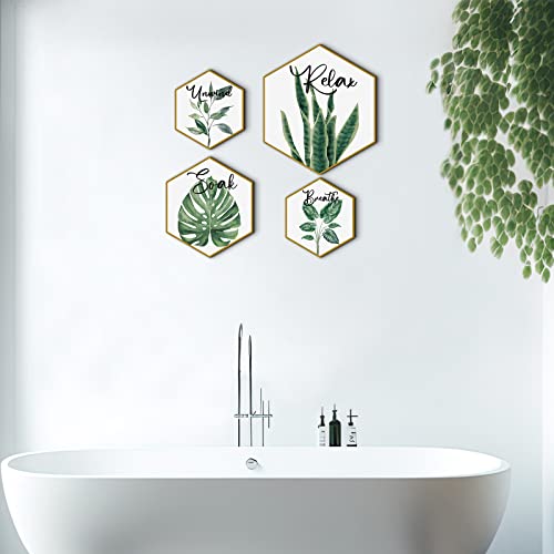 Hoteam Set of 4 Green Eucalyptus Bathroom Decor Botanical Wall Art Green and Gold Bathroom Decor Wall Art Relax Soak Unwind Breathe Paintings