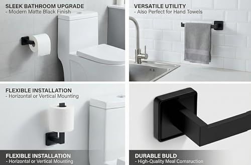 5-Piece Square Matte Black Bathroom Hardware Set - Wall Mounted Towel Bar Bath Accessories