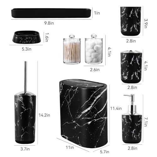 Bathroom Accessories Set, 9-Piece Marble Black Bathroom Set, Black Bathroom Accessories with Slim Trash Can, Soap Dispenser, Toilet Brush, Toothbrush Set, Qtip Holders