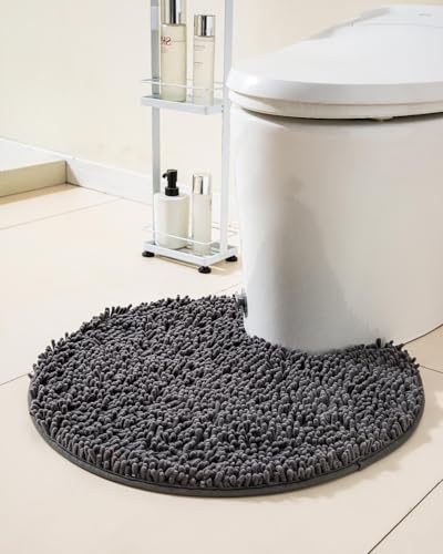 Soft Shaggy Round Toilet Rug U Shaped for Bathroom, Excellent Absorbent Contour Toilet Mat Machine Washable, Non-Slip Microfiber Chenille Bathroom Rugs 24" Dark Grey - color: Dark Grey