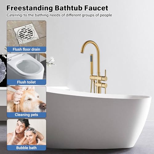 Freestanding Bathtub Faucet Floor Mount Tub Filler Brushed Gold High Flow Shower Faucets with Handheld Shower Mixer Taps Swivel Spout for Bathroom