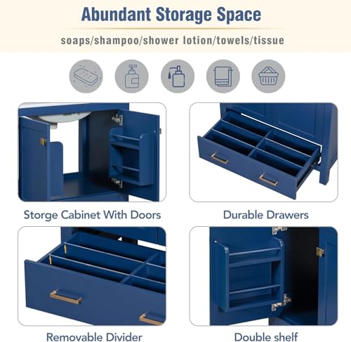 Linique 30" Modern Bathroom Vanity with Sink Combo Set, Solid Wood Frame Bathroom Storage Cabinet with 2 Soft Closing Doors and a Drawer, Multifunctional Storage, Blue - color: Blue