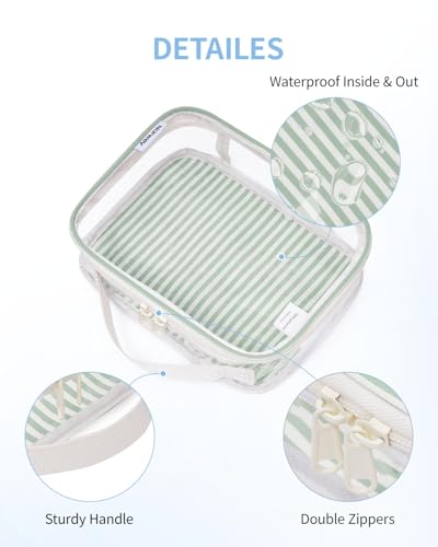 Narwey TSA Approved Clear Toiletry Bag for Travel, Waterproof PVC Clear Makeup Bags, Portable Compact Cosmetic Bag Make Up Organizer, Airport Airline Quart Size Compliant Bag (Mint Green Stripe) - color: Y-Mint Green Stripe