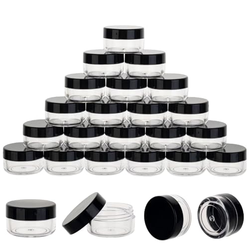 25 Count 5 Gram Sample Containers, Clear Lip Balm Containers with Lids, Small Plastic Sample Jars with 2 Mini Spoons, 25pcs Labels (Black Lid) - color: Black, size: 25 Count