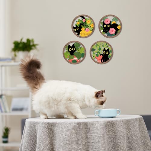 TOARTi 4PCS Boho Black Cat Wall Art Farmhouse Floral Cat Hanging Wood Sign Botanical Kitten Wall Decor Plant Cats Room Decor Floral Leaves Cat Wooden Sign for Living Room Bedroom Decoration - color: Flower Black Cat Wall Art