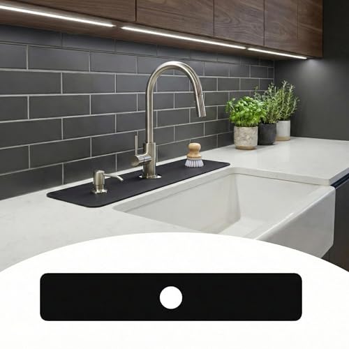 Cuttable Kitchen Sink Faucet Mat: 30" Lx5.5 W Splash Guard with Center Hole | "Customizable Absorbent Non-slip Fabric Rubber Mat, Cut to Fit 2,3,4 Holes Irregular Sink with Soap Dispenser Air Gap " - size: 30''Lx5.5''W