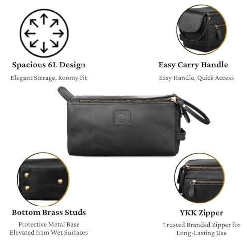 Full Grain Leather Toiletry Kit for Men & Women – Travel Toiletries & Shaving Bag Organizer, Water-Resistant Grooming Case for Bathroom, Makeup & Cosmetic Storage - Midnight Black - color: Matte Black