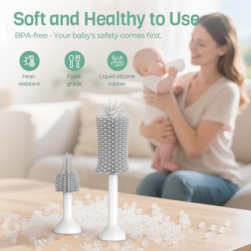 SEANCHEER S02 Electric Bottle Brush Set, Portable Baby Bottle Brush Cleaner, AA Battery-Powered & IPX7 Waterproof, with Silicone Bottle/Nipple/Straw Brush, for Home & Travel (Gray) - color: White-gray