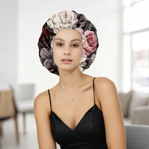 Shower Cap Adjustable Waterproof Double Layer Elastic Reusable Hair Bath Cap Cute Aesthetic for Women Girls-Rose - color: R8-Rose