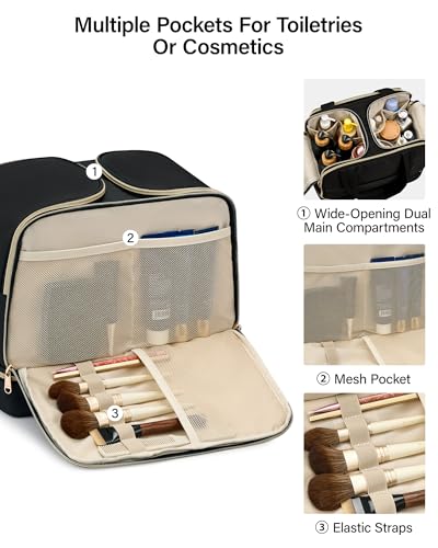 Hanke Travel Toiletry Bag, Lightweight Wide-open Large Toiletry Bags for Women, Dual-Layer Makeup Bag Water-Resistant Cosmetic Travel Bag with Handle for Accessories, Essentials, Black - color: Black