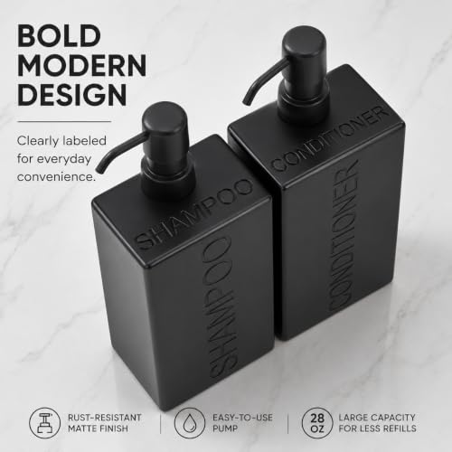 Rectangular Resin Dispenser Premium Bathroom Shampoo Conditioner Body Wash Bottle Modern Refillable Pump Design - color: Black