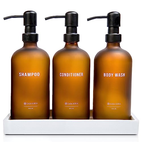 Frosted Amber Glass Shampoo and Conditioner Dispenser Set – Refillable 16 oz Pump Bottles with Concrete Tray – Luxury Bathroom Organization & Modern Shower Soap Dispensers - color: Frosted Amber Glass