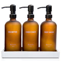 Frosted Amber Glass Shampoo and Conditioner Dispenser Set – Refillable 16 oz Pump Bottles with Concrete Tray – Luxury Bathroom Organization & Modern Shower Soap Dispensers - color: Frosted Amber Glass