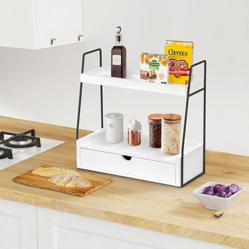 2-Tier Bathroom Organizer Countertop with Drawer, Wood Counter Organizer for Bathroom Decor, Sink Shelf for Vanity Storage, Makeup Tray for Perfume Skincare, Spice Rack Bedroom Kitchen Corner ﻿ - color: White&black