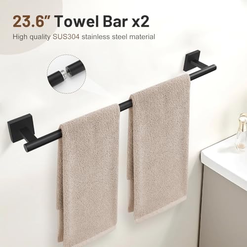 10 Pieces Black Towel Bar Set, 23.6 Inch Bathroom Accessories Set SUS304 Stainless Steel Bathroom Hardware Set Towel Racks for Bathroom Wall Mounted. - color: Black, size: 10 Pieces - Extended