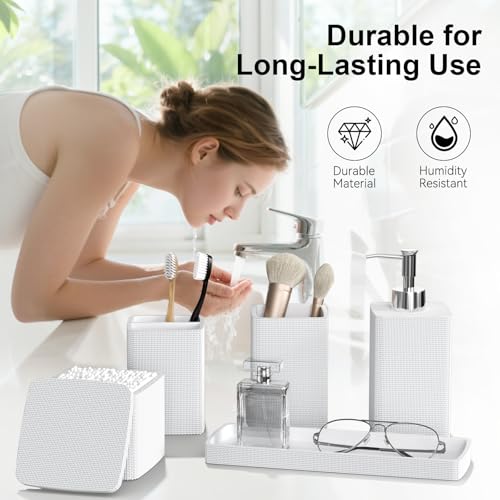 White Bathroom Accessories Set 5 Pieces, Resin Toothbrush Holders Set Complete with Soap Dispenser, Toothbrush Holder, Vanity Tray, Bathroom Tumbler and Qtip Holder for Small Spaces - size: 5 Pcs Bathroom Set, style: White