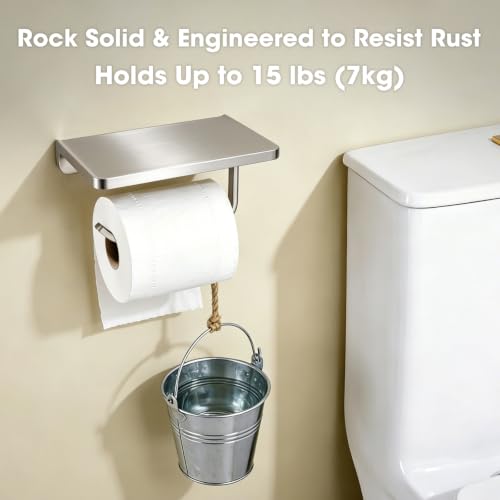 Toilet Paper Holder with Phone Shelf Solid Metal Bathroom Wall Mounted Tissue Roll Dispenser Storage, Brushed Nickel - color: Brushed Nickel, size: 7.1" x 4.3"