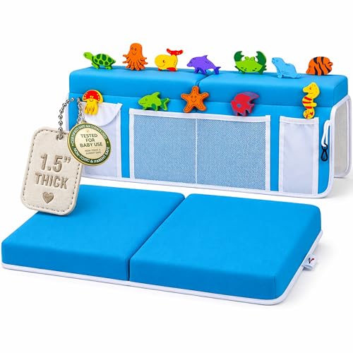 Supa Ant Bath Kneeler –8 Suction Cups & 1.5" Padding.Certified Non Toxic Bath Kneeling Pad for Bath Tub & 5 Bath Organizer. Fast Dry Baby Bath Kneeler and Elbow Rest Pad Set Blue - color: Blue With White Pockets