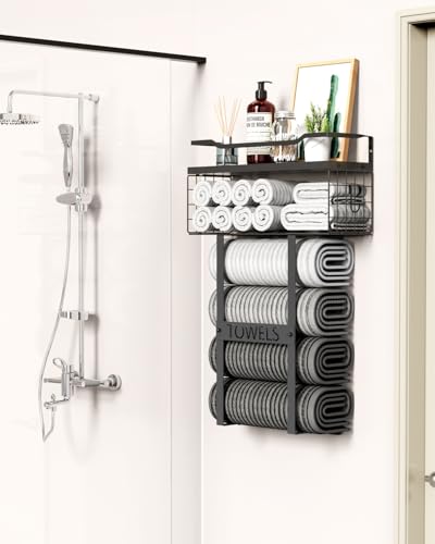 Wall Mounted Towel Rack for Bathroom - Bath Storage Holder Set Above Toilet, Rolled Towel Shelf Organizer, Wood Vertical Rack for Small Bathroom Decor, Black - color: Black